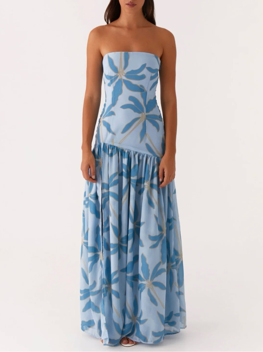 Peppermayo Eden Strapless Maxi Dress Strapless Maxi Dress in Opulent Blue w Slit - Picture 2 of 7